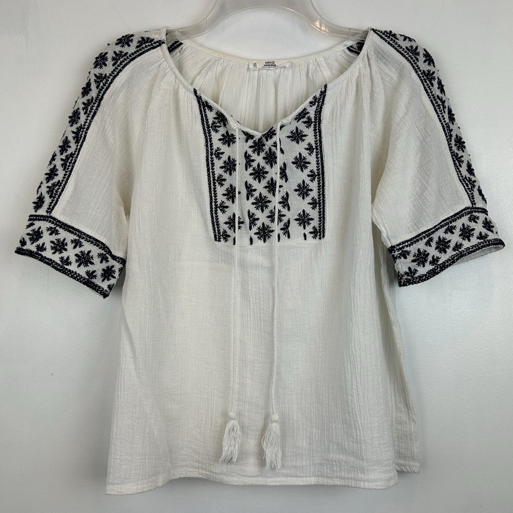 Mango Top Women Small Linen Blend Embroidered Boho Peasant Hippie Navy Blue Read